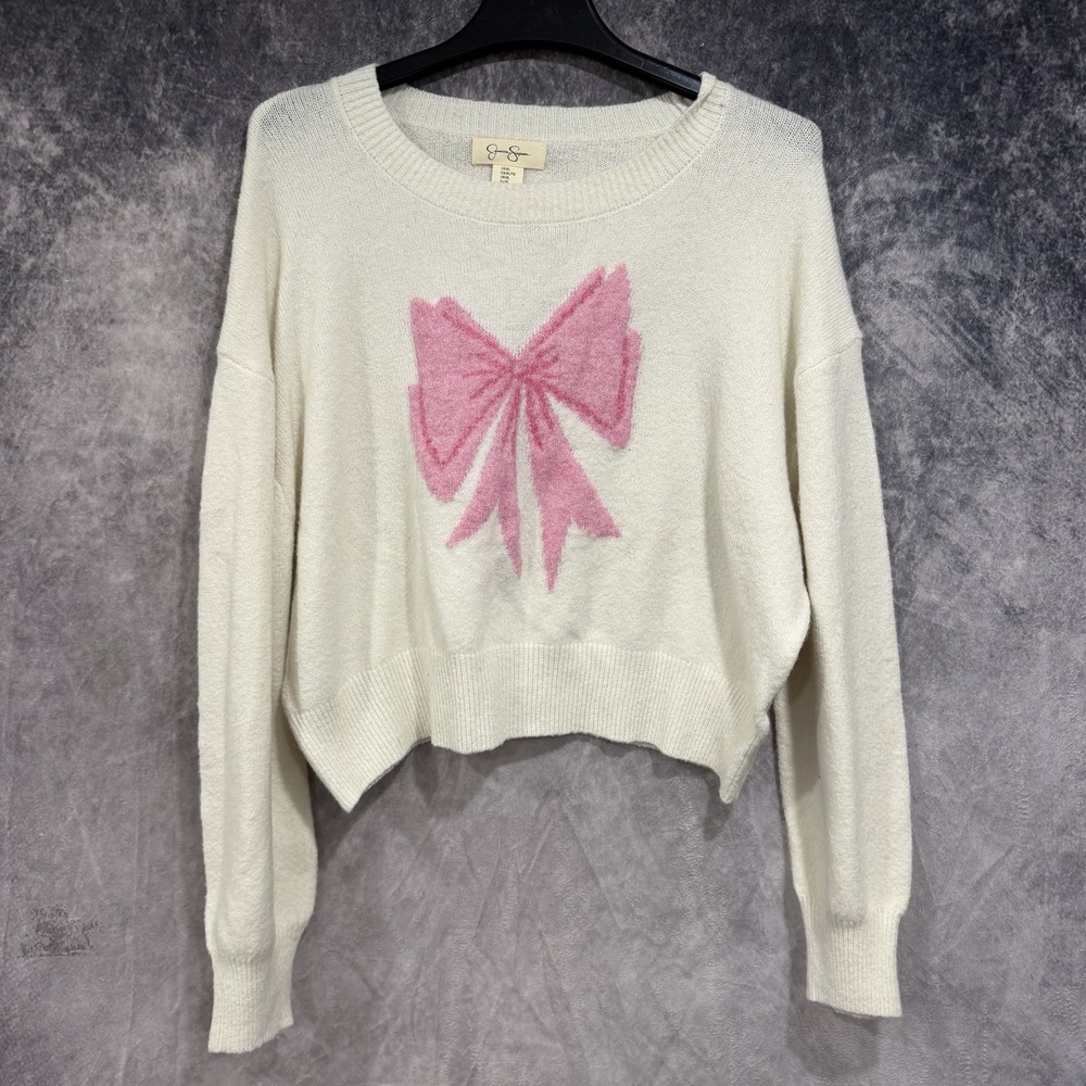 Jessica Simpson Pink Bow Knit Sweater Cream Coquette Pullover Soft Knit XL